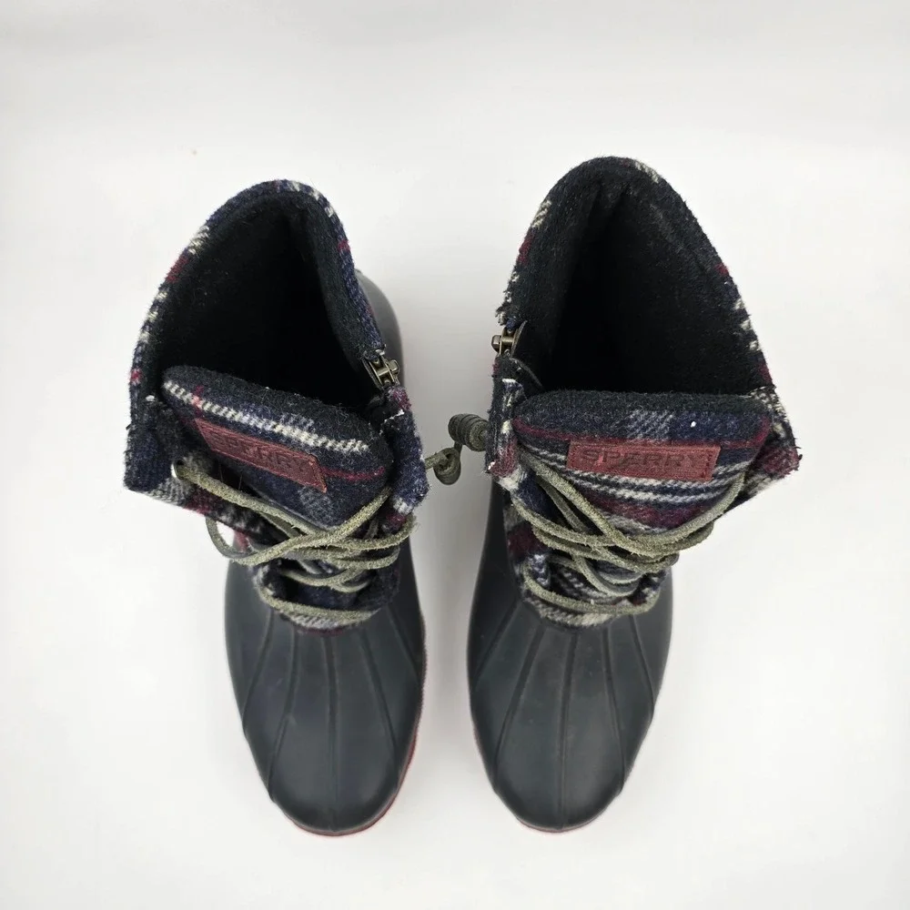 Sperry Saltwater Duck Boots Womens‎ 10 M Blue Red Wool Plaid Waterproof Rubber